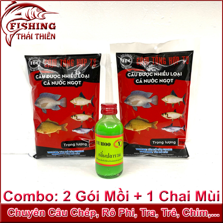 Combo 2 gói mồi câu cám tổng hợp t3 , 1 chai tinh mùi câu cá tổng hợp thái lan