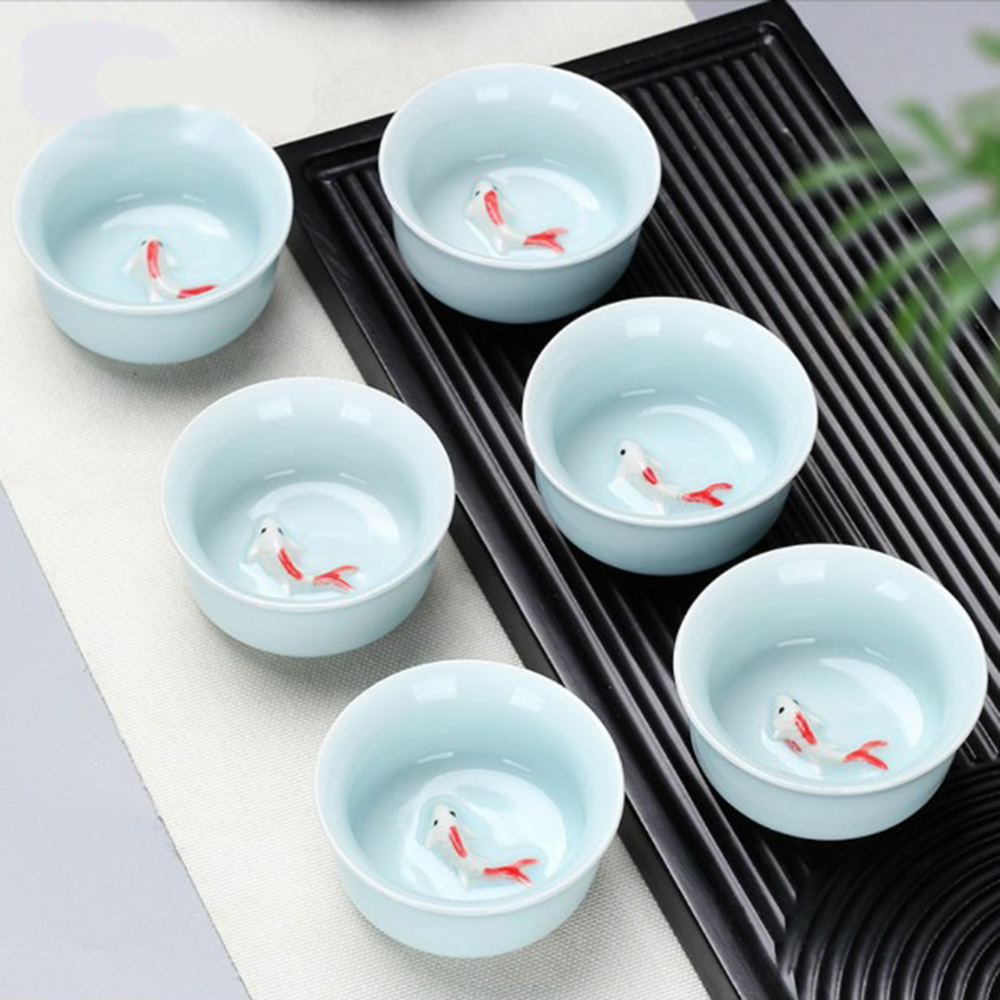 Chén trà gốm sứ cá chép 3d men ngọc