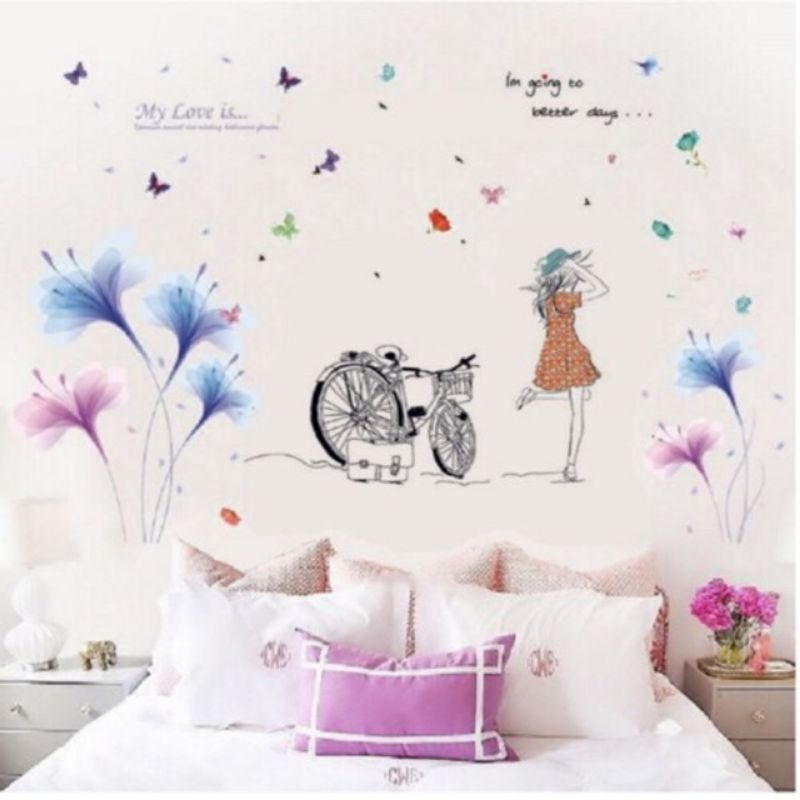 Decal dán tường cô gái xe đạp và hoa pha lê tím( tranh ghép)