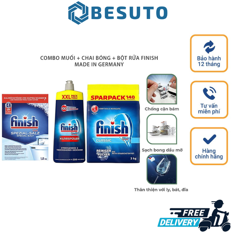 Combo Finish Dishwashing Powder 3 kg, Finish Polishing Liquid 750 ml, Finish Dishwashing Salt, 1.2 Kg, Imported from Germany