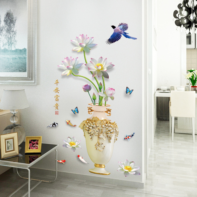 Decal dán tường bình hoa sen trắng 3D SK 9373