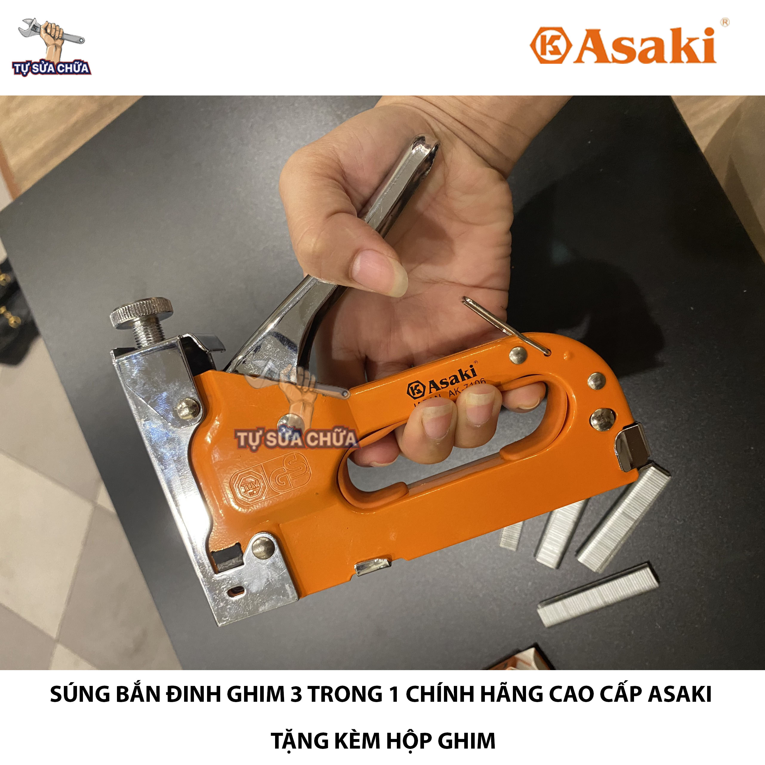 Kìm bắn đinh ghim, súng bắn ghim đa năng cầm tay 3 trong 1 chính hãng asaki có tăng lực, bấm cả 3 kiểu ghim п u t, có tặng kèm hộp 60 ghim