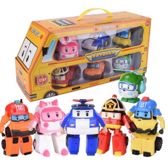 Set 6 robocar poli biến hình thành máy bay và robot mẫu hộp ô tô vàng