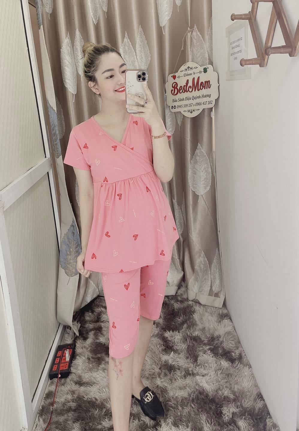 Bộ Lửng Bầu Và Sau Sinh Chất Cotton Cao Cấp (Hình tim cổ chéo)