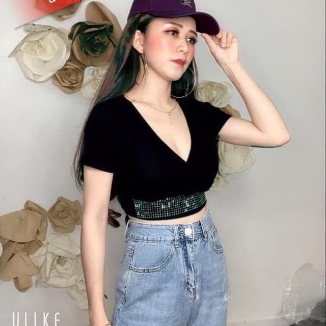 [HCM]Áo croptop đắp chéo đính đá mẫu mới cực xinh