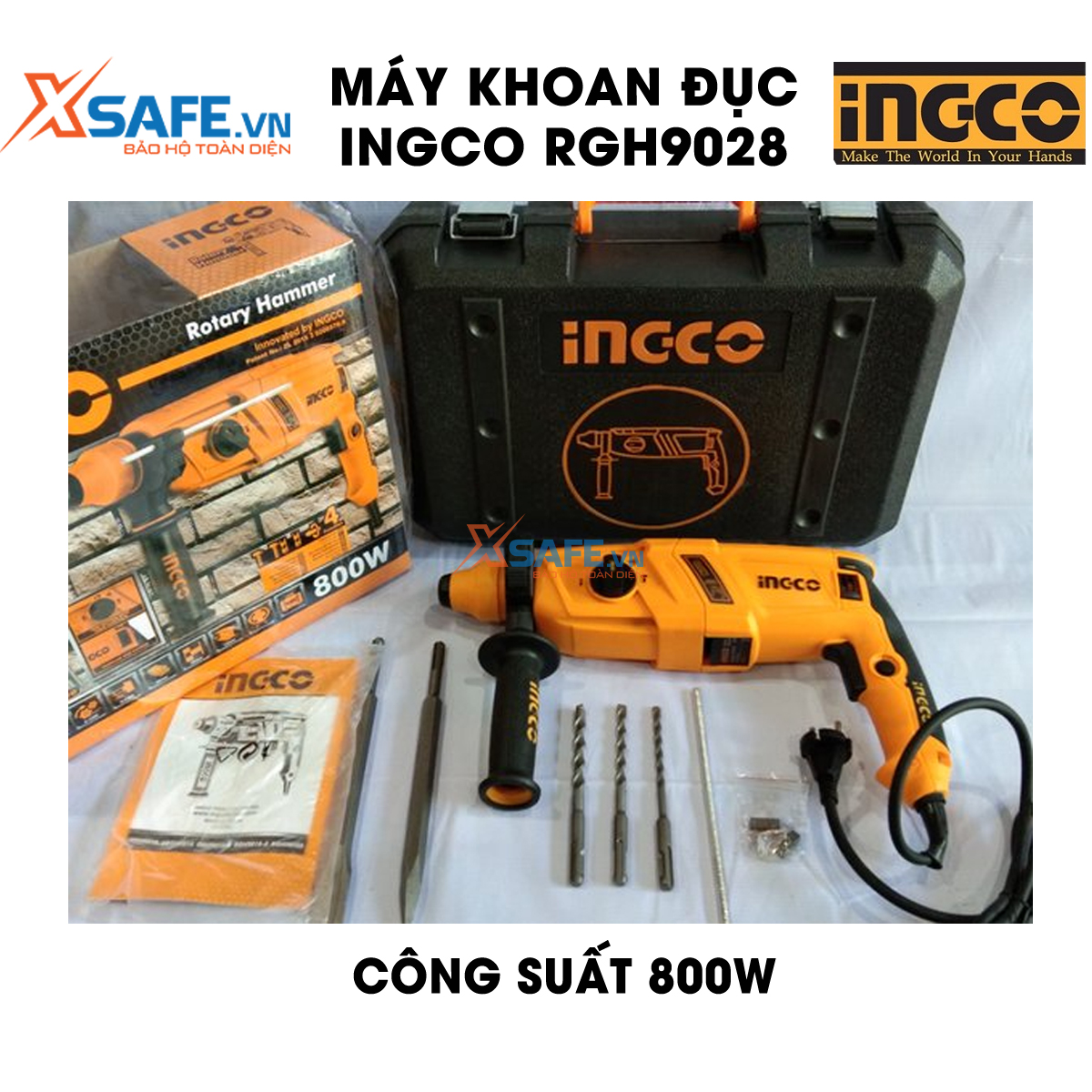 Máy khoan cầm tay 3 chức năng 800w Ingco RGH9028 đầu gài sds plus, tốc độ 1200rpm, tốc độ búa 5300bpm, lực đập 2.5j, khoan bê tông 26mm, khoan sắt 13mm, gỗ 30mm, kèm 3 mũi khoan bê tông, 2 mũi đục Máy khoan đục bê tông