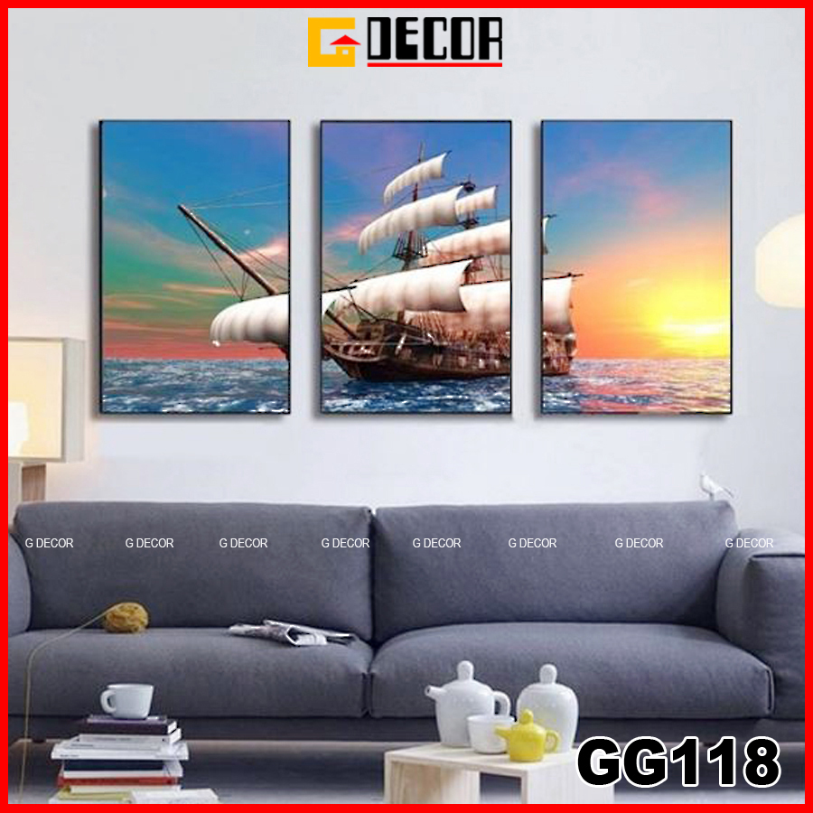 Tranh treo tường canvas 3 bức phong cách hiện đại Bắc Âu 17, tranh thuyền buồm trang trí phòng khách, phòng ngủ, spa