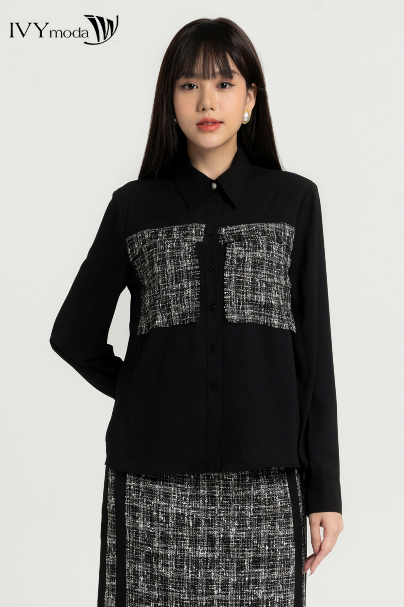 Áo sơ mi phối vải tweed IVY moda MS 17M7965