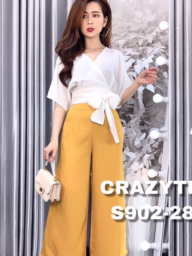 Sét Bộ Voan Hot Trend Kimono Cổ Đắp Chéo Tay Cánh Tiên Cột Nơ Bụng Quần Ống Rộng TTSA0648