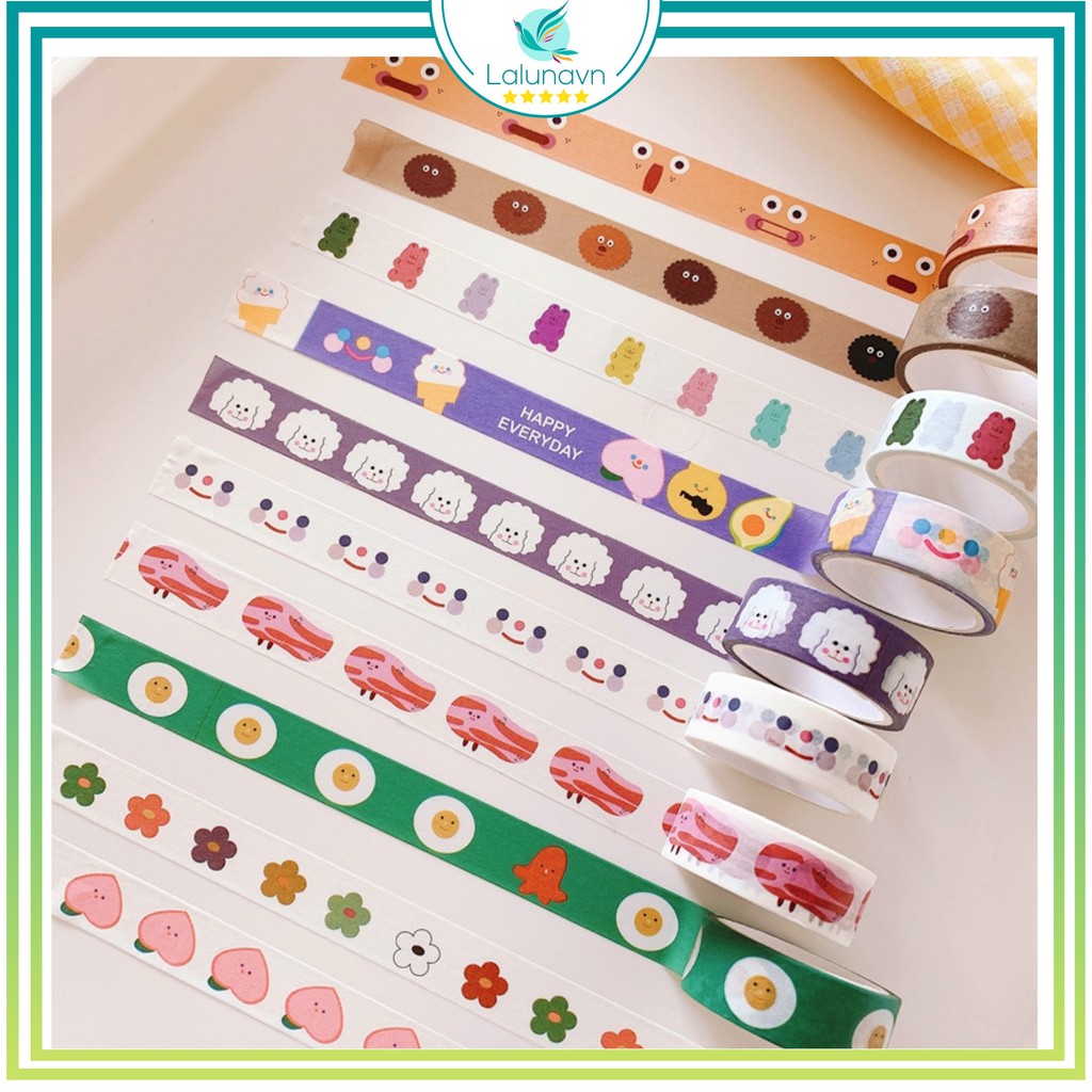 Lalunavn Cuộn băng dính washi tape in họa tiết đáng yêu trang trí sổ tay 20 mẫu - A01