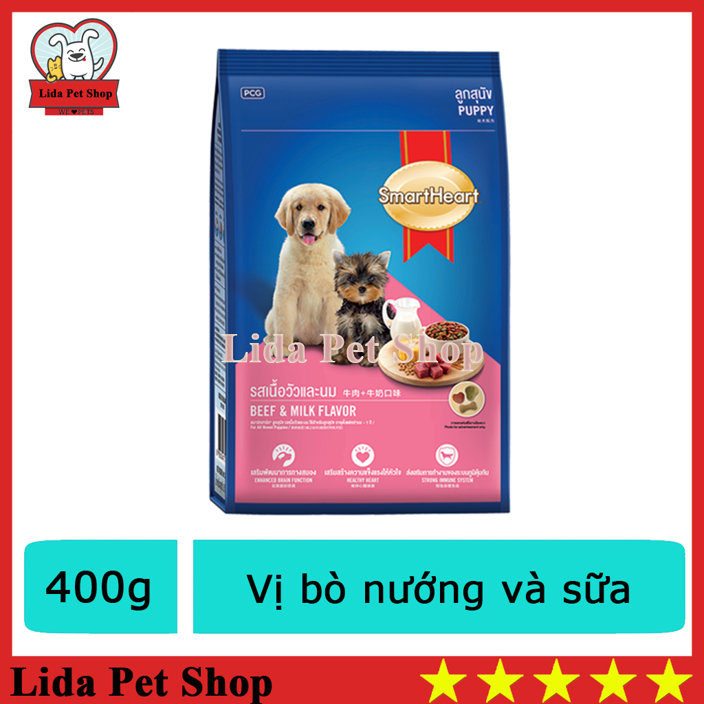 HN- Thức ăn dành cho chó nhỏ vị bò nướng và sữa - SmartHeart Puppy gói 400g Cung cấp dinh dưỡng tăng cường hệ miễn dịch. thức ăn cho chó, đồ ăn cho chó, thuc an cho cho, thú cưng