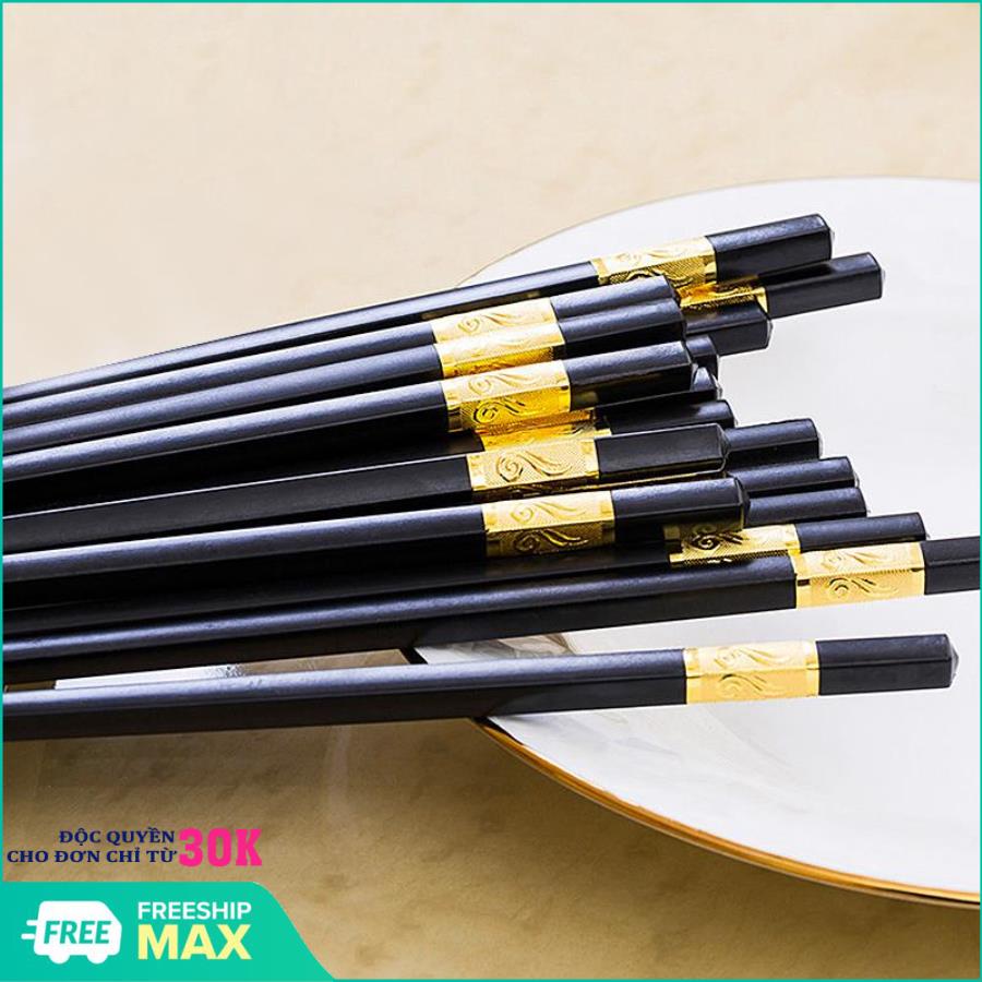 Bộ 10 đôi đũa hợp kim Vega365 chống mốc hiệu quả - Bộ 10 đôi đũa vàng chống mốc Hàn Quốc, dua chong moc an toàn cho sức khỏe, đũa ăn cao cấp (Đen phối vàng)