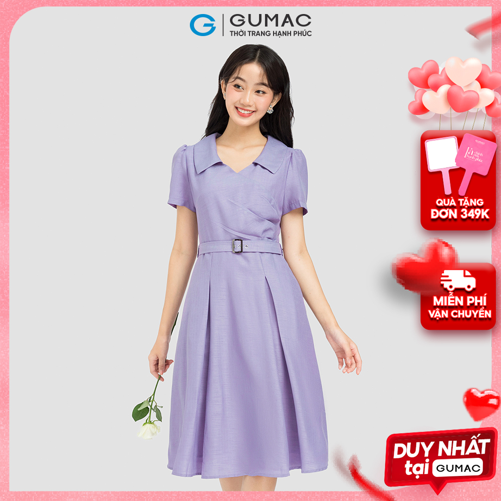 Đầm form A xếp ly eo phối dây eo GUMAC DC12054