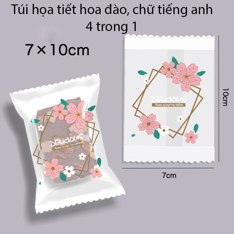 100 túi đựng bánh kẹo kích thước 7x10 cm, bao bì đựng trà hàn nhiệt hoạ tiết chữ tiếng anh 4 in 1