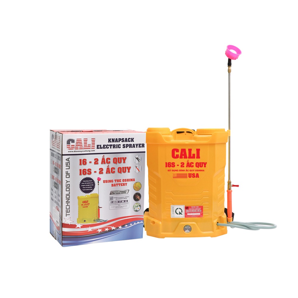 Bình phun xịt điện Cali 16S Bình Bơm đơn 16 lít, tay cầm van khóa Ắc qui 12V8Ah