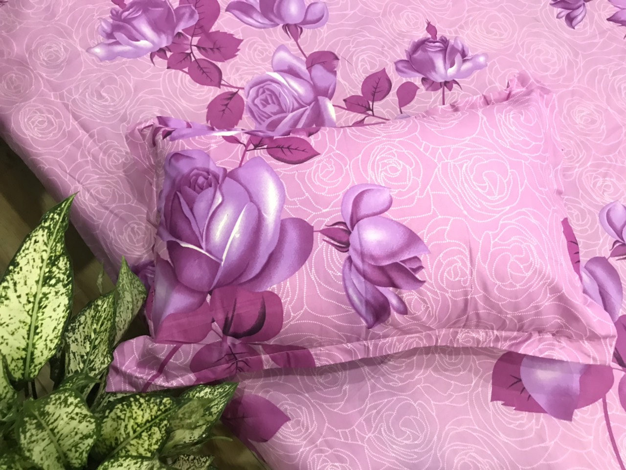 Set ga gối 3 món Mẫu Hoa Dây Tím (gồm 1 vỏ ga và 2 vỏ gối nằm)