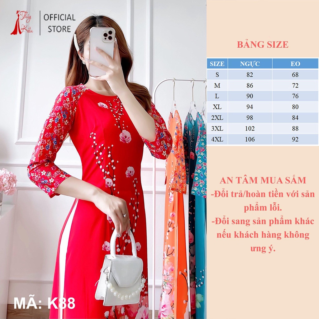 Áo dài thiết kế nữ đẹp nền đỏ hoa đào K88 in 3D lụa Nhật hoa mới cách tân