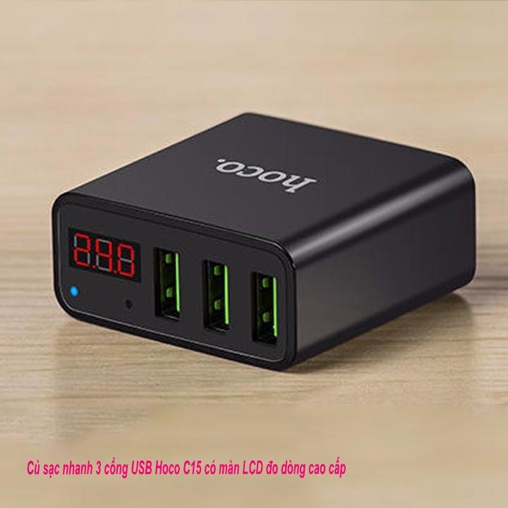 Củ sạc nhanh 3 cổng Hoco C15 có màn LCD đo dòng cao cấp