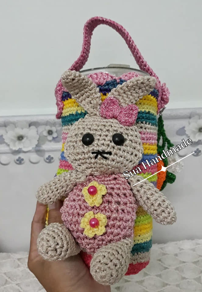 Túi đựng ly giữ nhiệt handmade nền cầu vồng hình chú thỏ