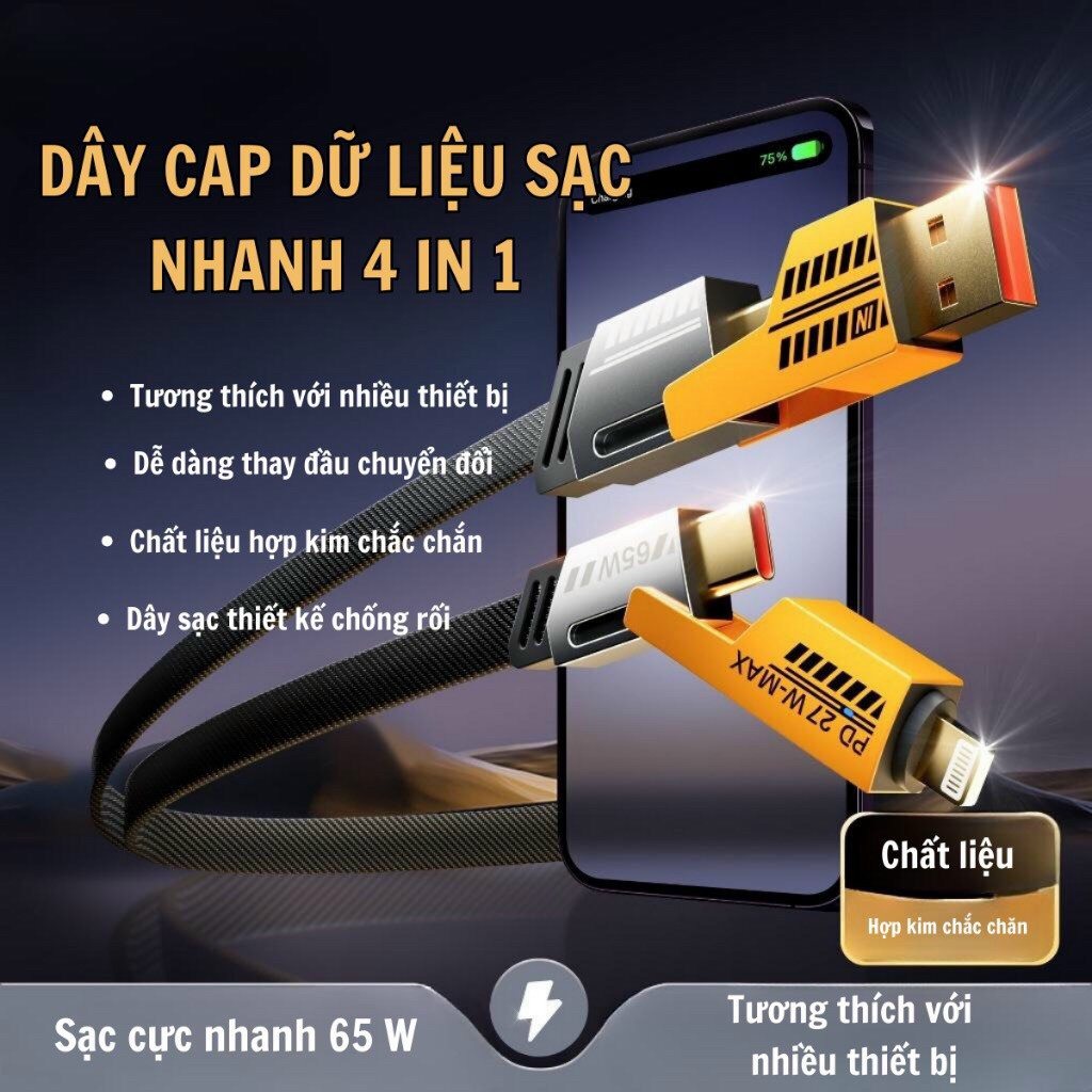 [HCM]Dây cáp sạc nhanh 4 trong 1 chuẩn 65w, siêu bền sạc nhanh tương thích cho tất cả các dòng điện thoại iPhone, Samsung, Oppo, Vivo, Xiaomi , smartphone, laptop type C, lightning, usb tốt, bền, cao cấp, bảo hành 12 tháng