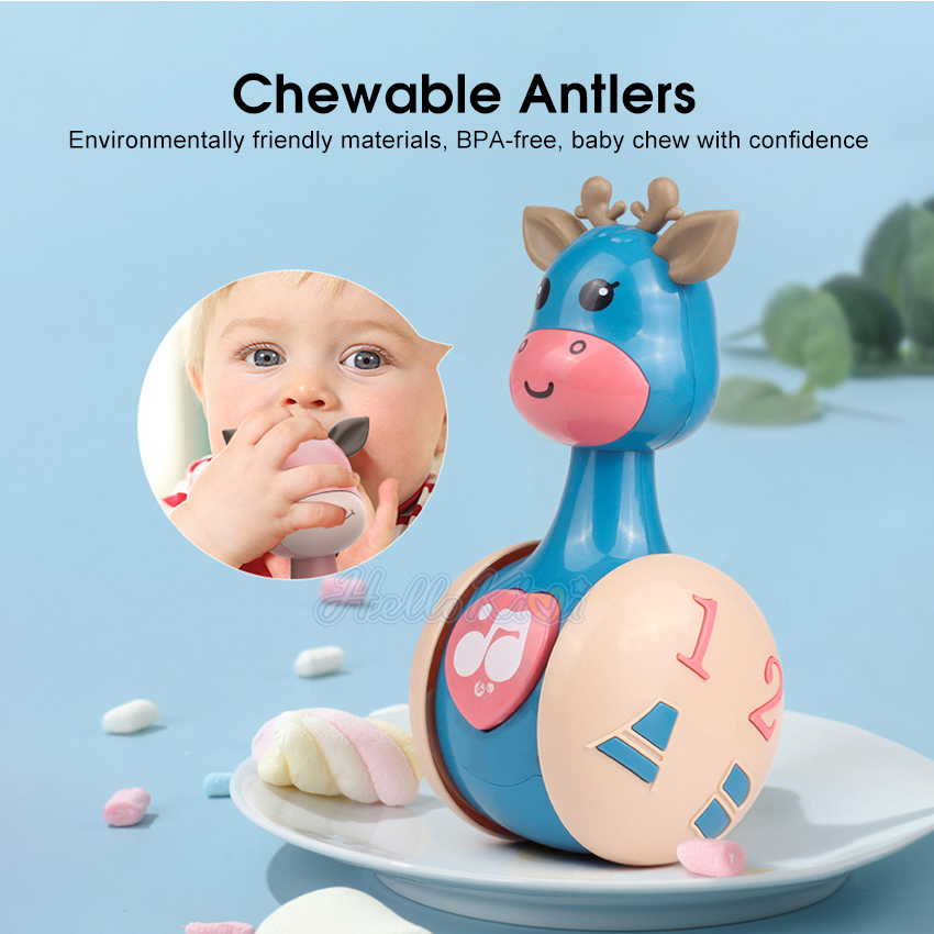 HelloKimi ChildrenCartoon Tumbler Doll Roly-poly Baby Toys Giraffe Tumbler Doll Early Learning Toy Toddler Musical Wobble Rattles Ring Bell Music Learning Educational Toy Cute Shape Toy for Kids