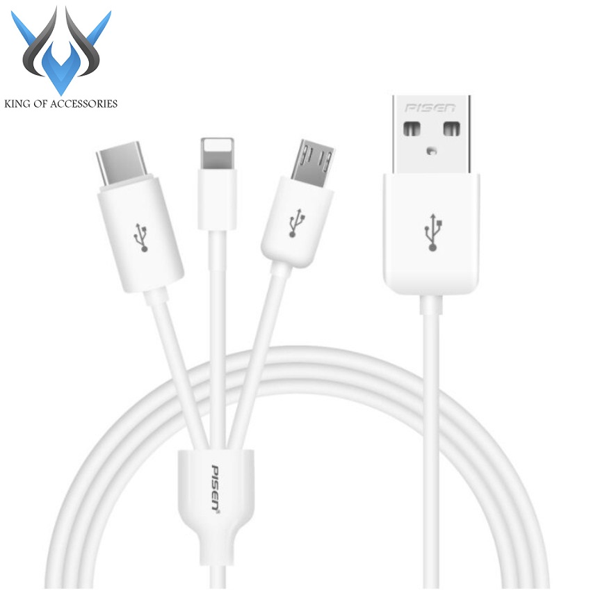 Cáp sạc 3 đầu Pisen AP07-1200 dài 1.2m cổng TypeC/ MicroUSB/ Lightning - hỗ trợ truyền dữ liệu lightning (trắng)