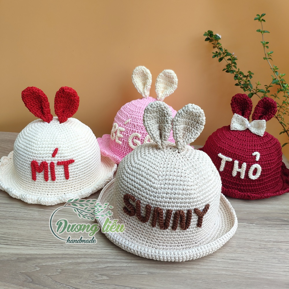 Nón sợi dệt tai thỏ Mùa Hè cho bé (miễn phí thêu tên theo yêu cầu)