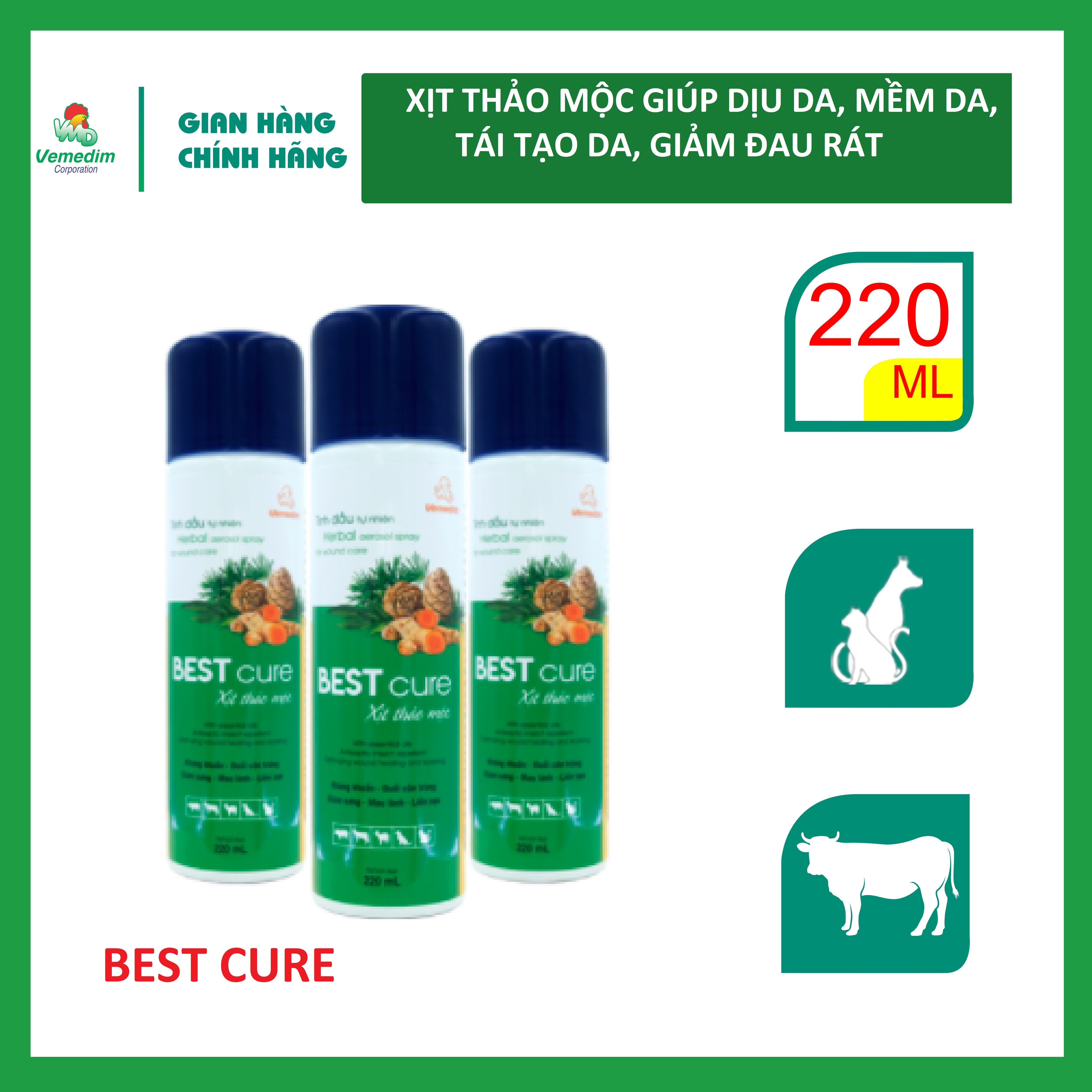 "Hoàn tiền đến 10%" Vemedim Best cure xịt thảo mộc dùng cho chó mèo và gia súc làm dễ chịu cho da, tái tạo da, hạn chế côn trùng bám, chai xịt 220ml
