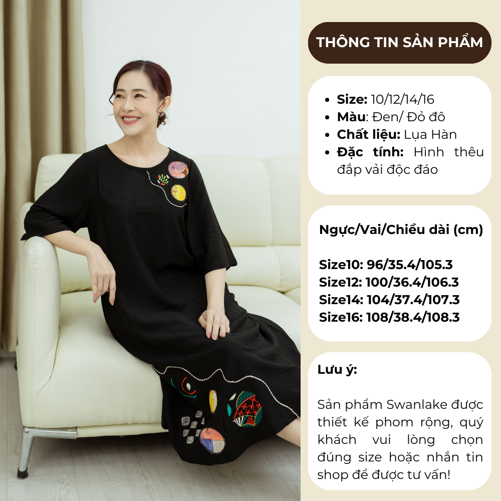 SWANLAKE | Đầm Phom A Thêu Đắp Vải Lụa Hàn - D10450LW01