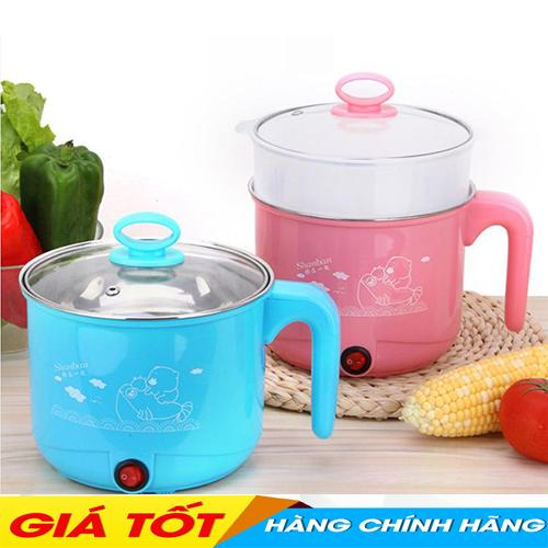 Nồi lẩu điện ca mì có giá hấp , Nồi lẩu điện đa năng 2 tầng có lồng hấp và nắp kính cao cấp, Ca nấu mì nồi lẩu đa năng có lồng hấp bằng nhựa