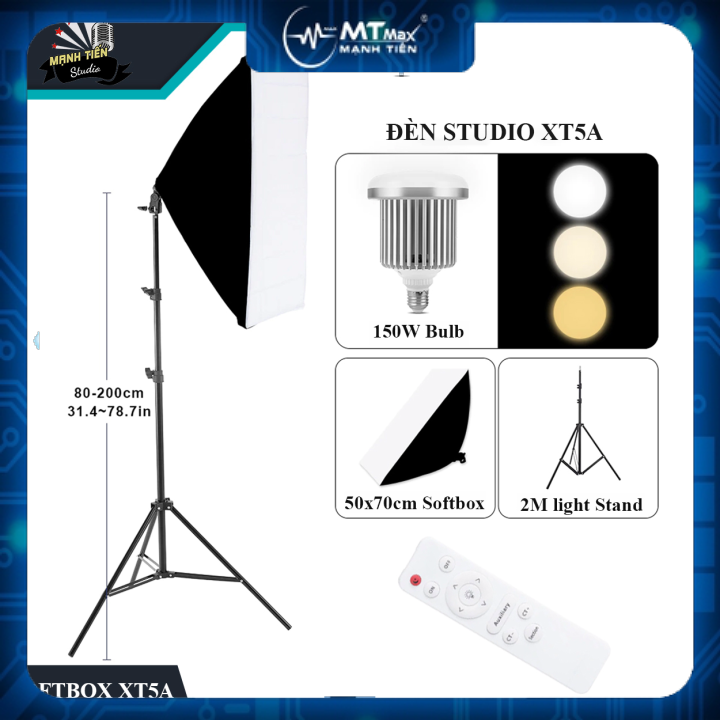 Bộ đèn studio XT5A có remote - Kèm Softbox 50x70cm, chân đèn 2m, bóng led Bulb 150W - Kit Studio công suất cao, nhiệt độ sáng chuẩn 5500K, đổi được 3 màu đèn - Chuyên dùng quay phim, chụp hình studio, livestream - Có thể gấp gọn