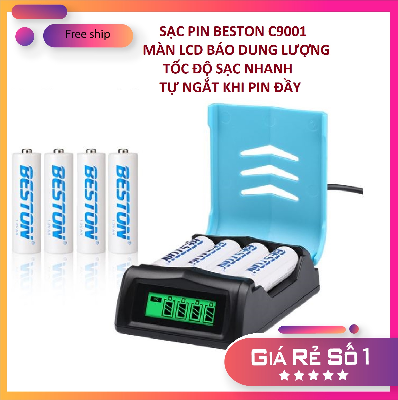 Bộ sạc pin AA/AAA Beston C9001 (không kèm pin) sạc nhanh có màn LCD báo dung lượng pin