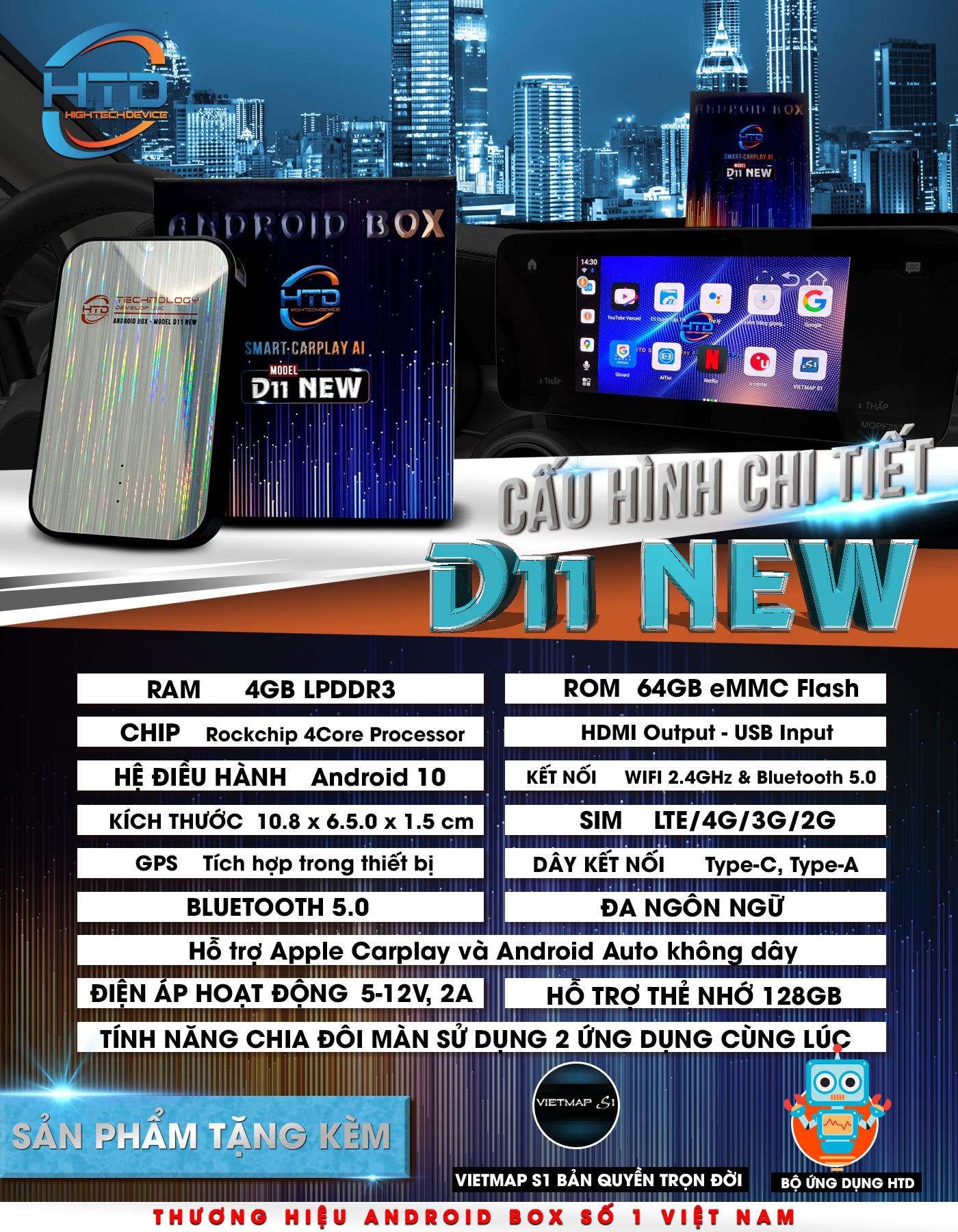 HTD Android box ô tô D11 New - Android 10 - HDMI