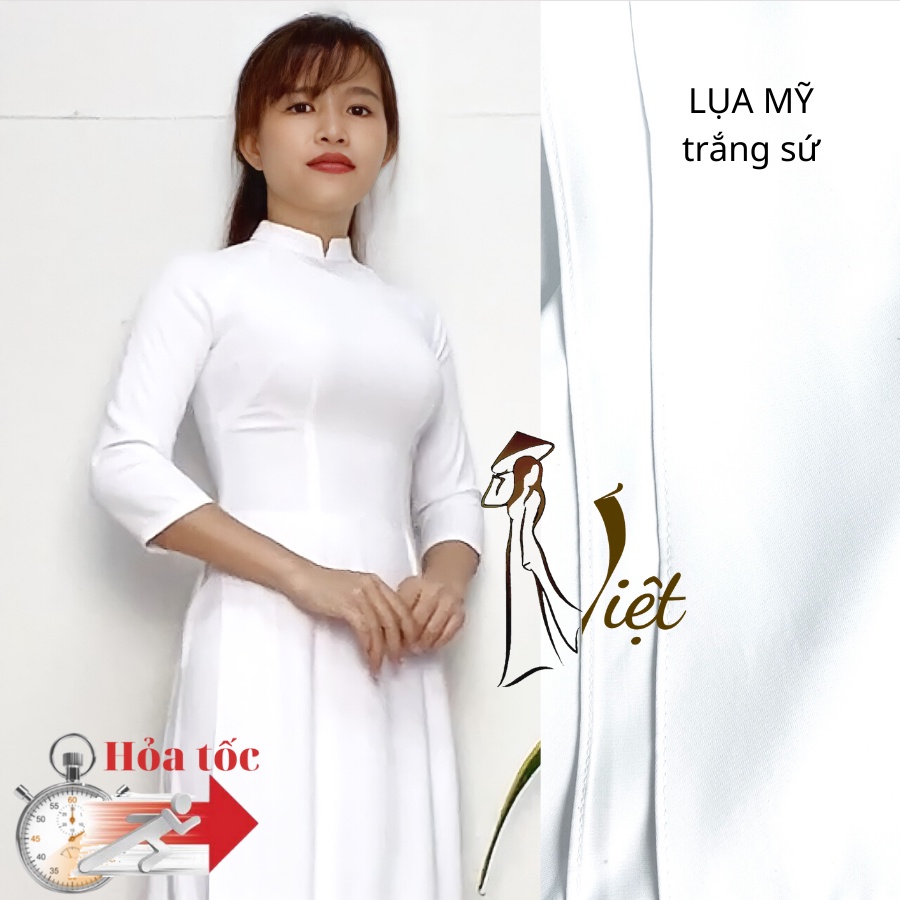 Áo dài trắng nữ sinh đi học lụa mỹ cao cấp cổ v tay lỡ