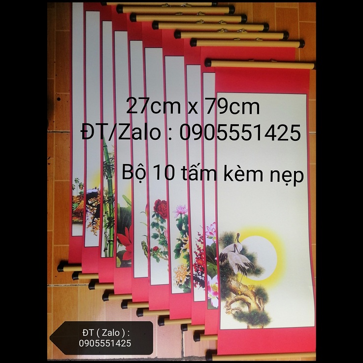 Bộ 10 tờ giấy viết thư pháp kèm nẹp treo 27cm x 79cm. Giấy bút mực, Biểu lụa, Mành tre viết thư pháp.