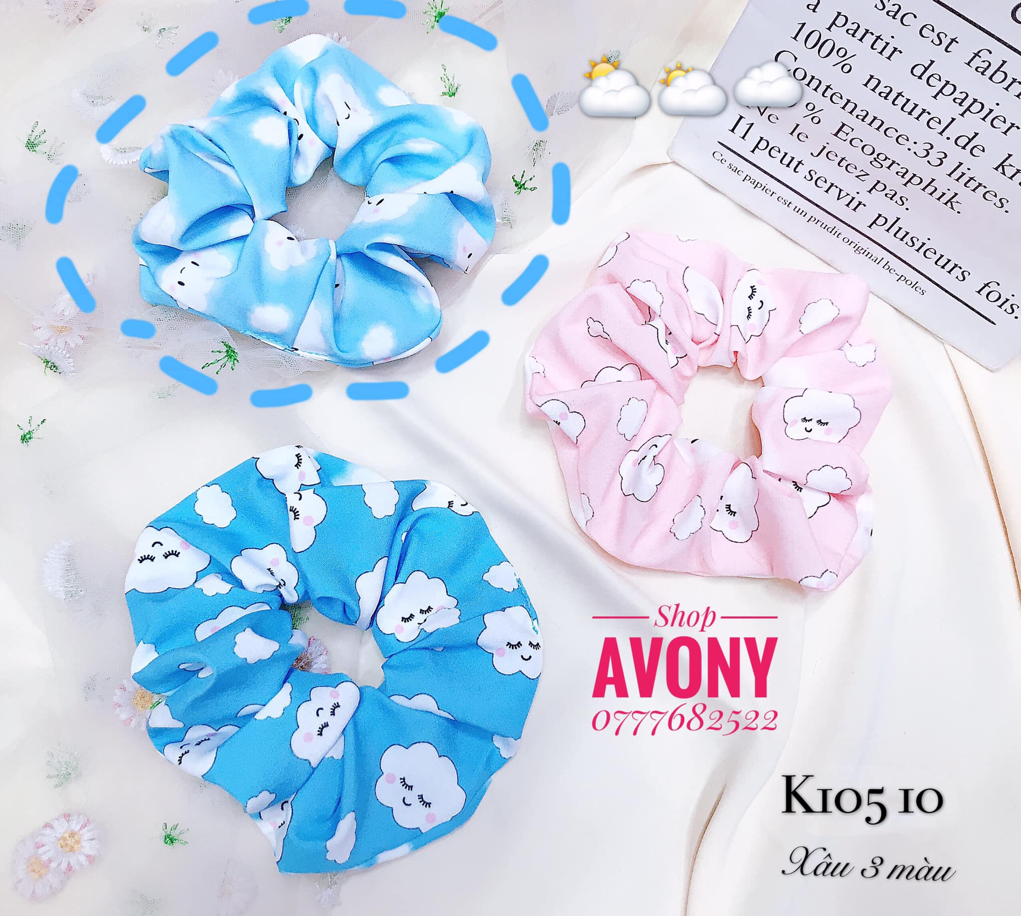 [HCM]Cột tóc vải scrunchies hoạ tiết mây