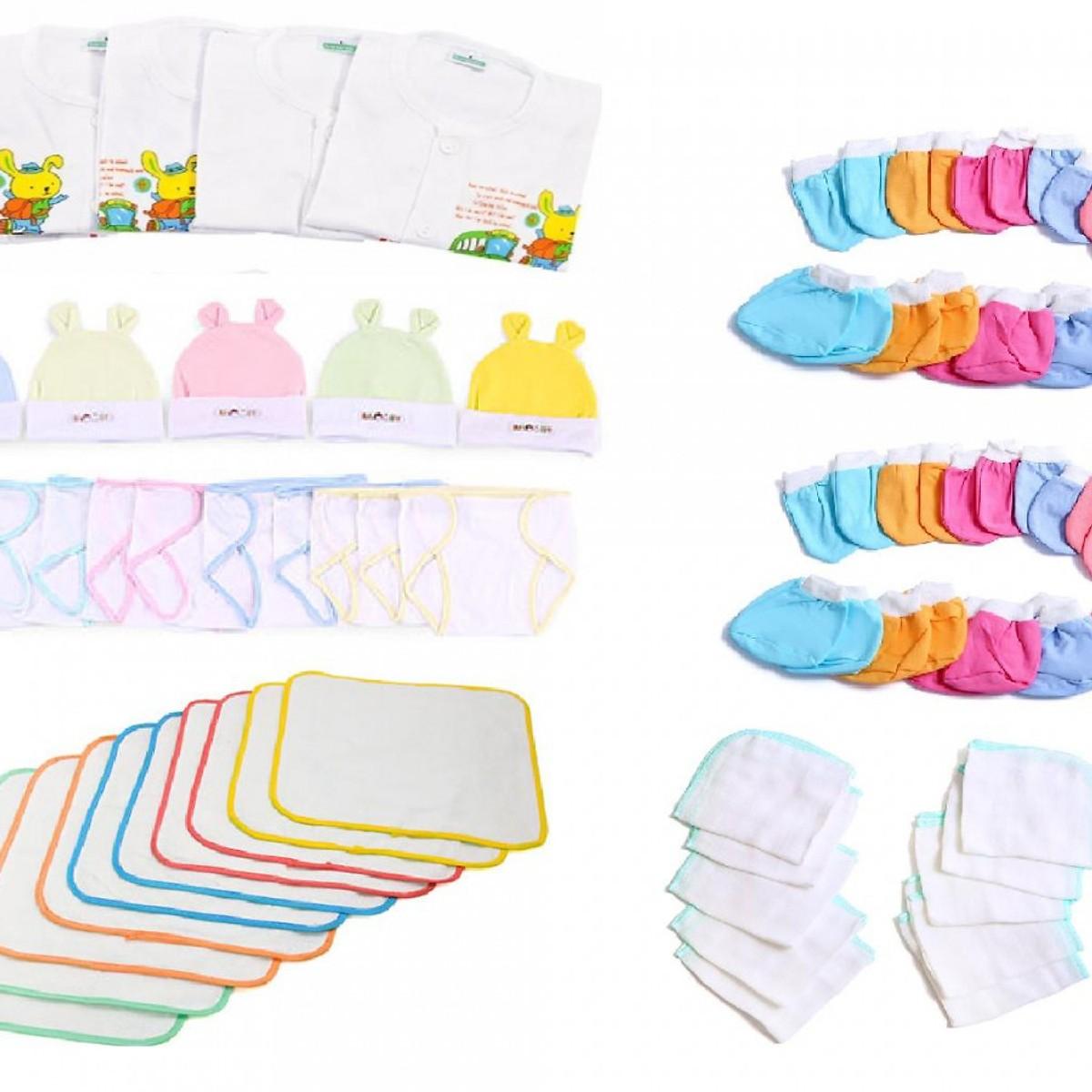 Combo of 60 Items for Newborn Babies: 5 Long-Sleeved Shirts, 10 Diapers, 5 Hats, 10 Pairs of Gloves, 10 Foot Covers, 10 Liners, 10 Towels