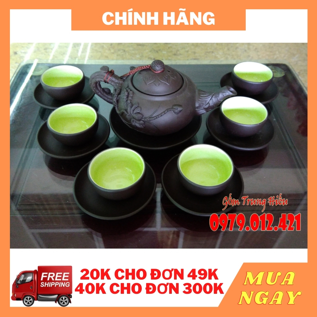 Bộ ấm chén Tử Sa Bát Tràng đắp nổi sen đen - dung tích ấm 300ml
