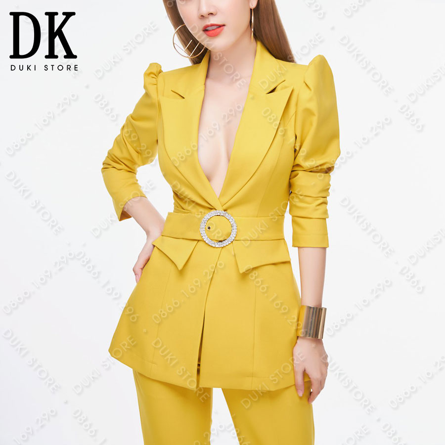 Vest thiết kế | bộ vest nữ màu vàng vai bồng cực sang trọng vtk0002 - duki store