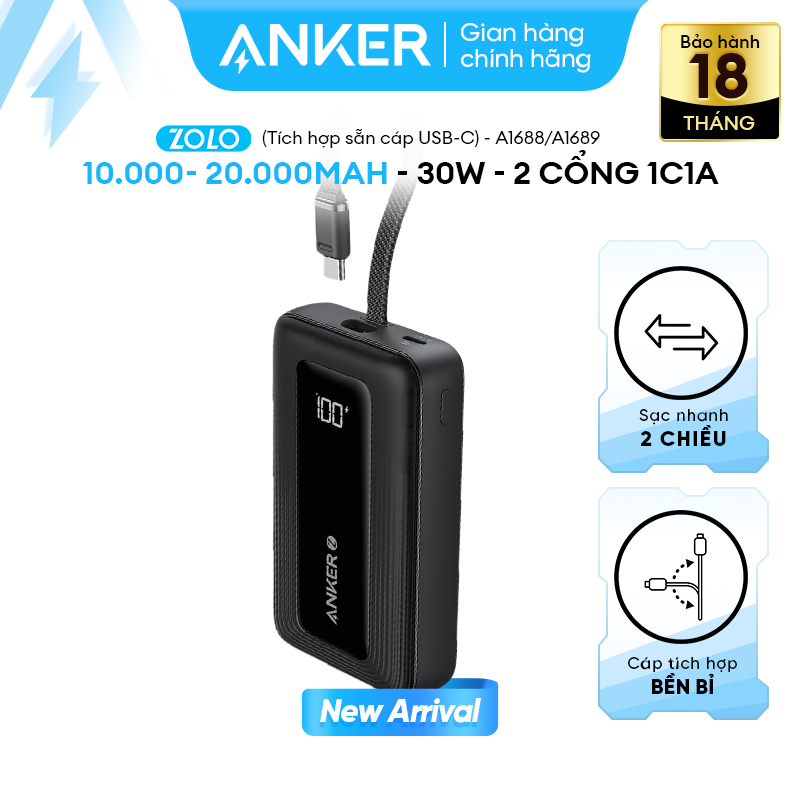 Pin sạc dự phòng ANKER Zolo 30W 10kmAh/20kmAh tích hợp dây cáp USB-C - A1688/A1689
