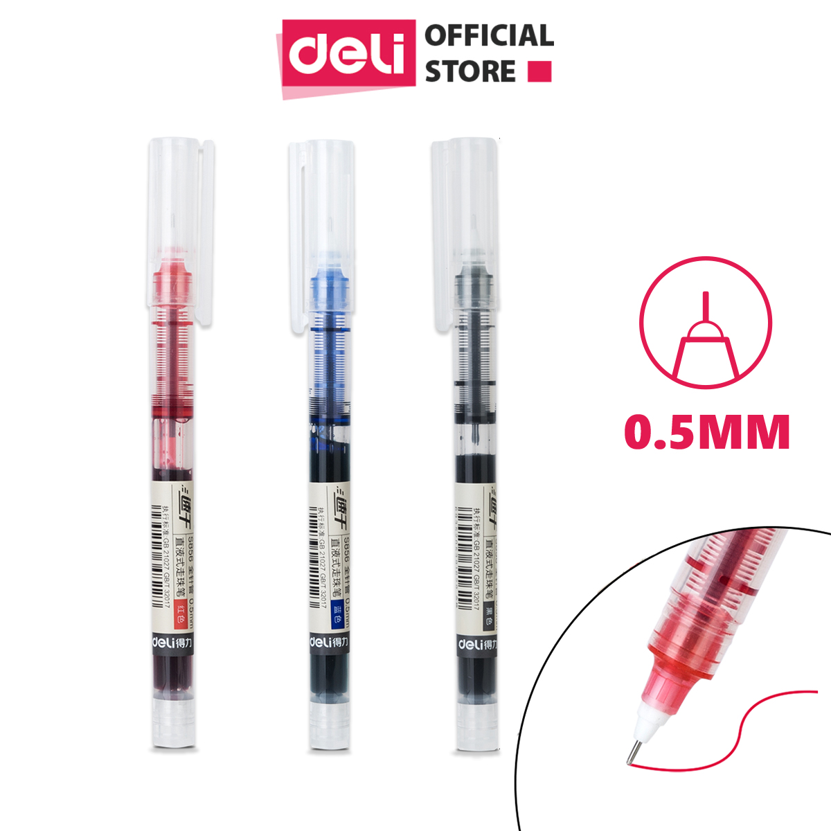 Combo 10 Bút bi nước mực gel xanh đỏ đen Deli, bút gel mực nước nhanh khô ngòi 0.5mm viết calligraphy, bút viết thư pháp viết chữ đẹp cho học sinh, bút viết văn phòng - S856