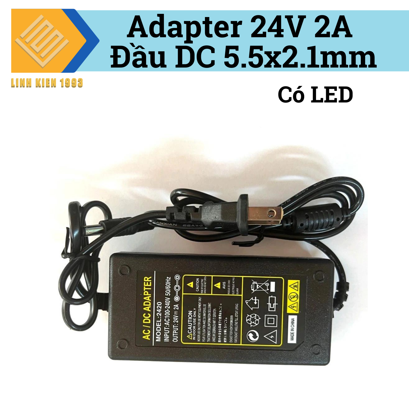 Nguồn adapter 24v 2a đầu dc 5.5x2.1mm có led