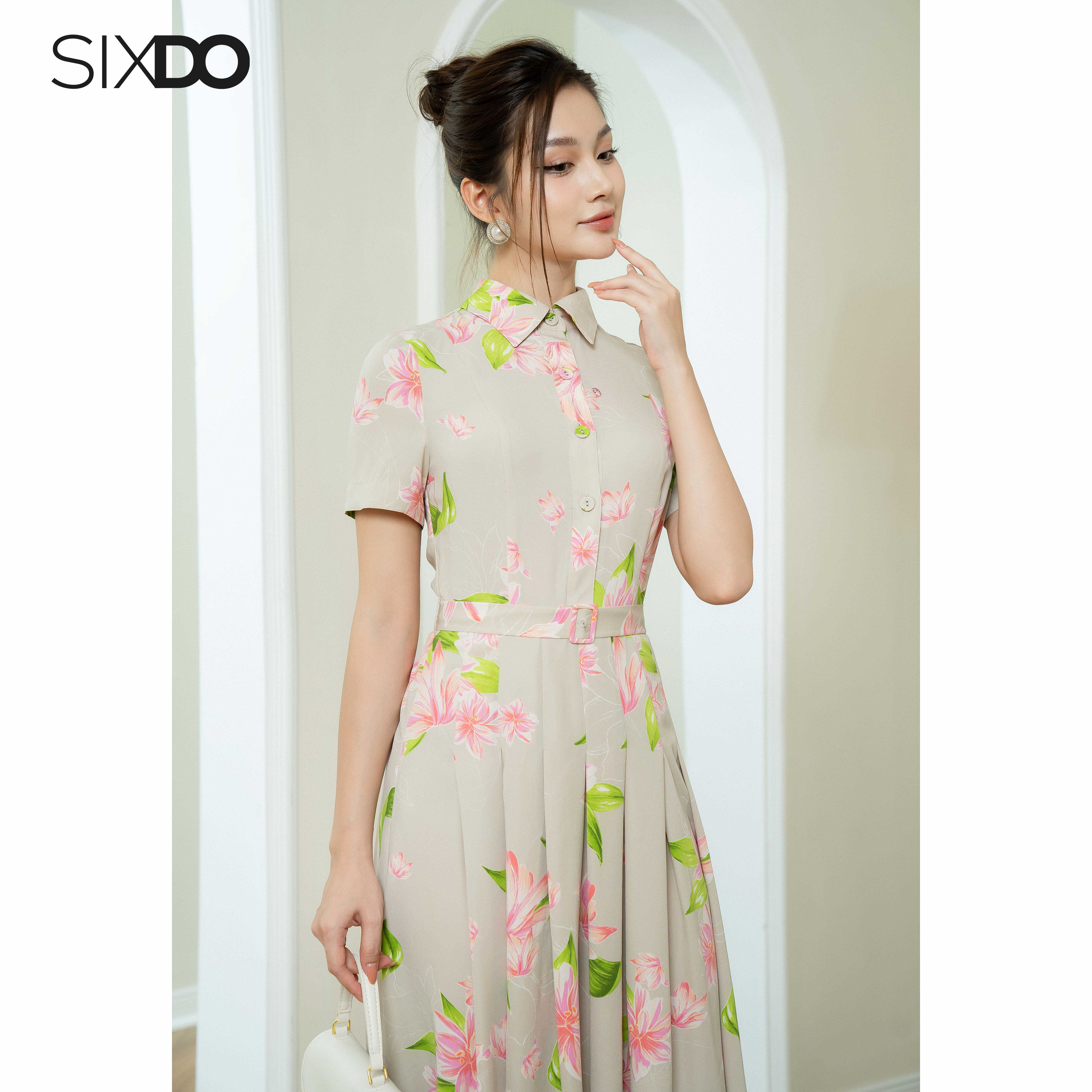 Đầm lụa hoa lily cổ sơ mi SIXDO (Dark Beige Lily Midi Silk Dress)