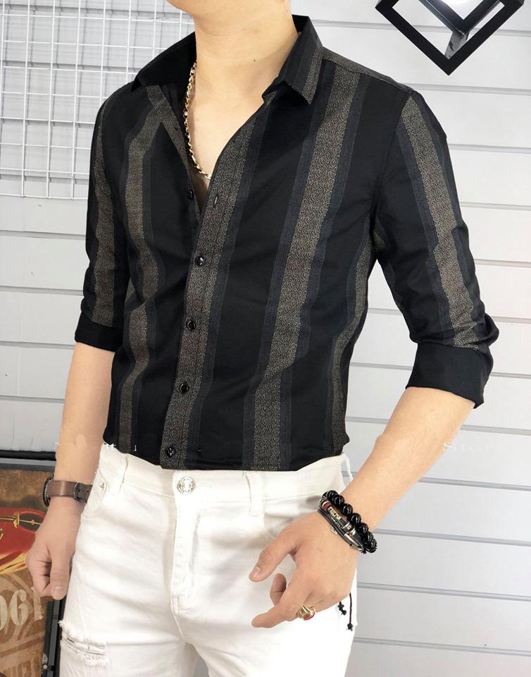 Áo sơ mi nam sọc xám đen thời trang chất lụa không nhăn