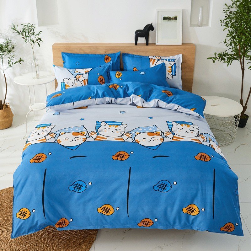 Bộ chăn Phao Kèm Ga Và Vỏ Gối Chất Cotton Poly Mẫu MÈO CÁ XANH