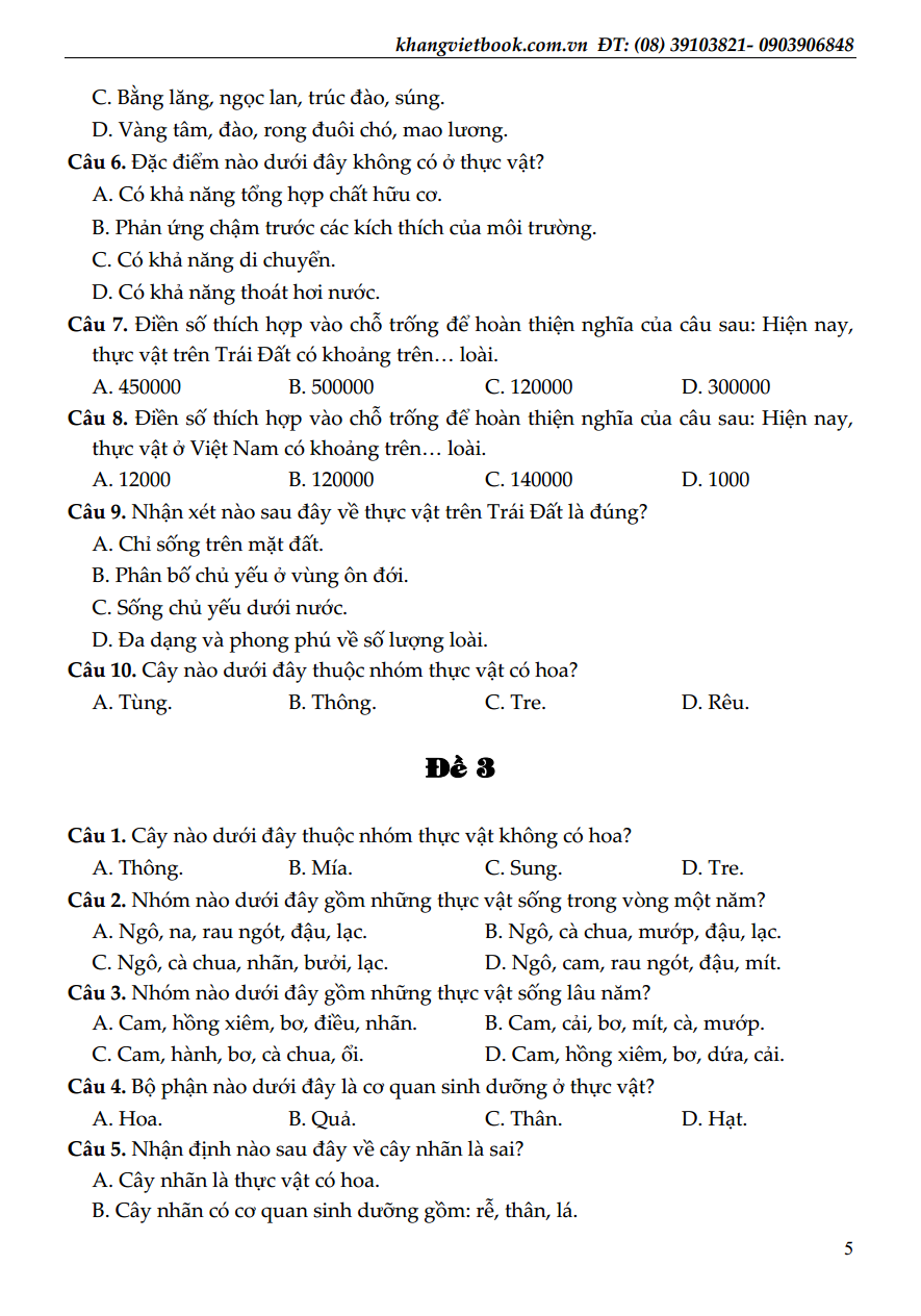 100 ĐỀ KIỂM TRA SINH HỌC 6