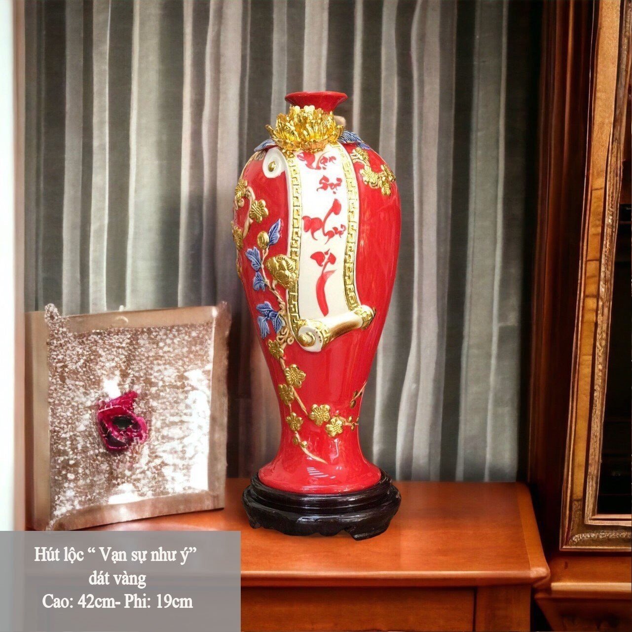 Mai bình hút lộc dát vàng Vạn Sự Như Ý, Mai bình chuẩn gốm bát tràng, Mai bình dát vàng cao 42cm