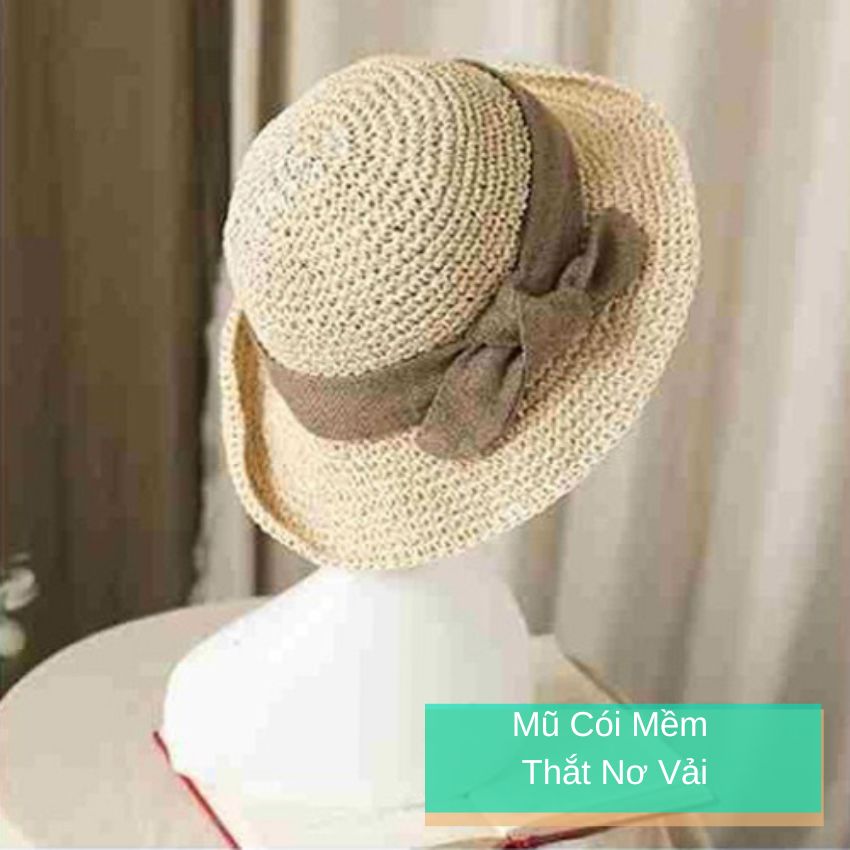 Mũ cói mềm phối nơ vải