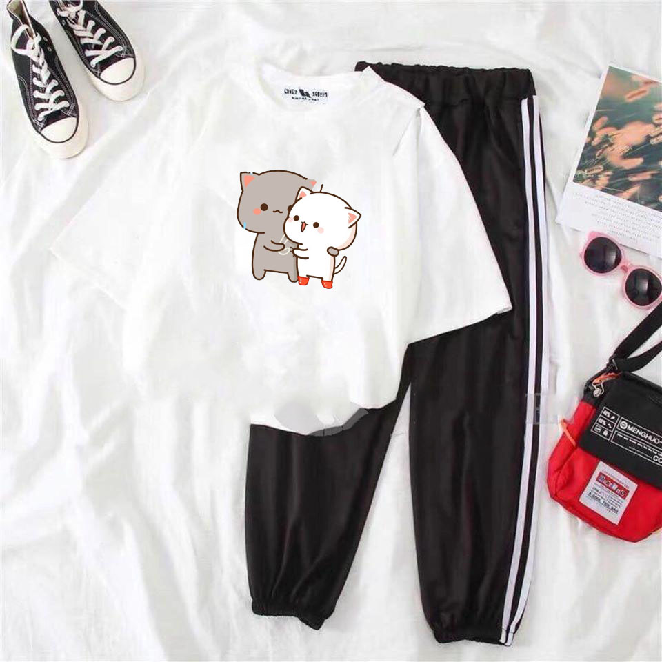 Sét Bộ Đồ Quần Áo Nữ Ngắn Tay Cotton In Hai Mèo Ôm Nhau Kèm Quần Thun Bo Chun Gấu