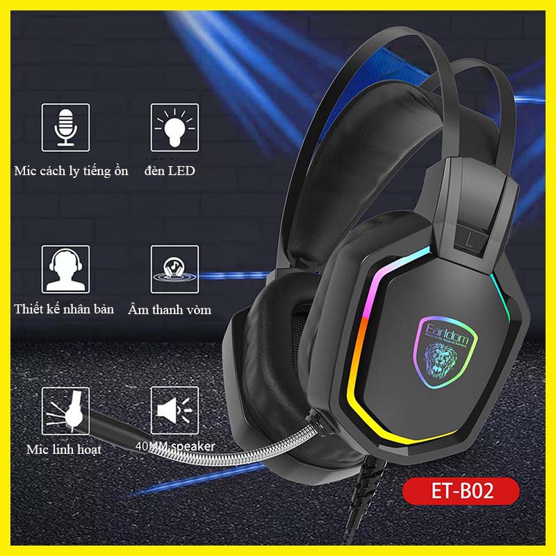 Tai nghe gaming chụp đầu chơi game, nghe nhạc et - b02 chính hãng earldom, tai nghe kết nối qua dây chân usb, có micro